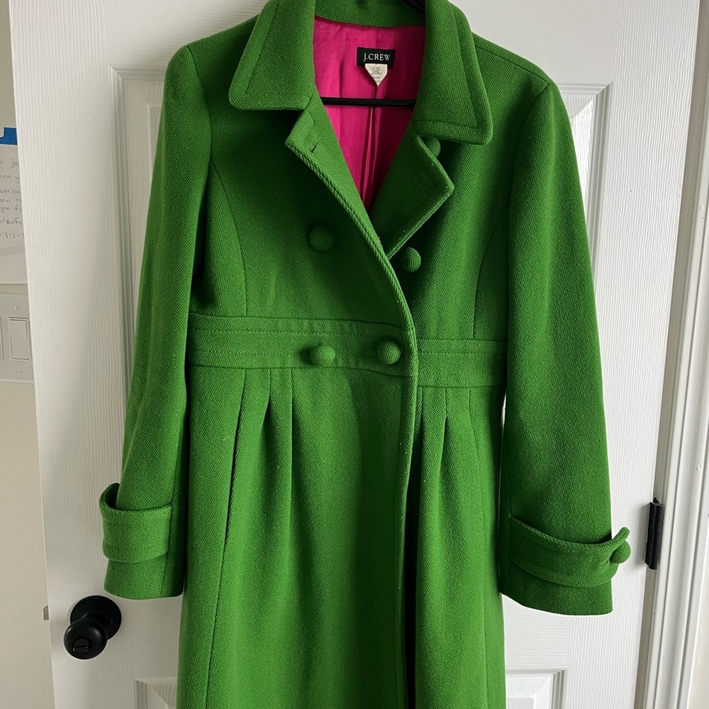 J. Crew Bright Green Pea Coat with Pink Lining